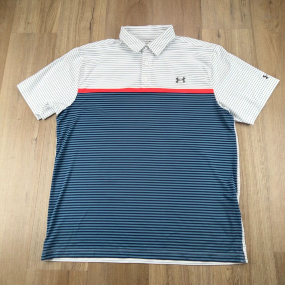 Under Armour Men's XL Heat Gear Loose Polo Blue White Stripes Design Golf Shirt